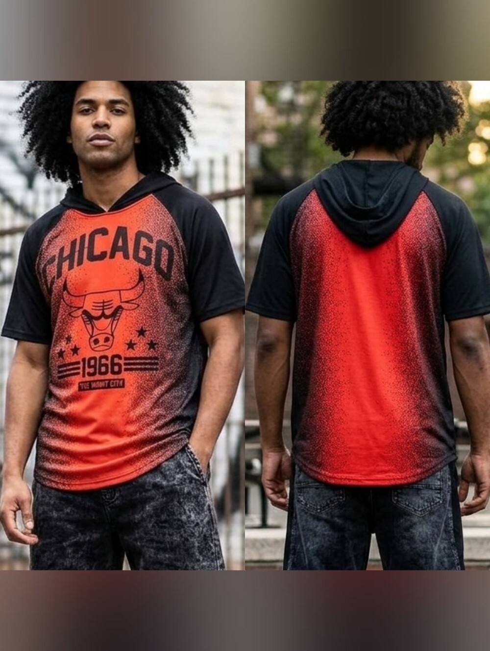 Vtg 90s NBA red blk Chicago Bulls 1966 windy city graphic hoodie tshirt S